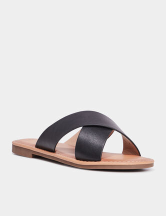 Mules brides larges crois&eacute;es noir femme
