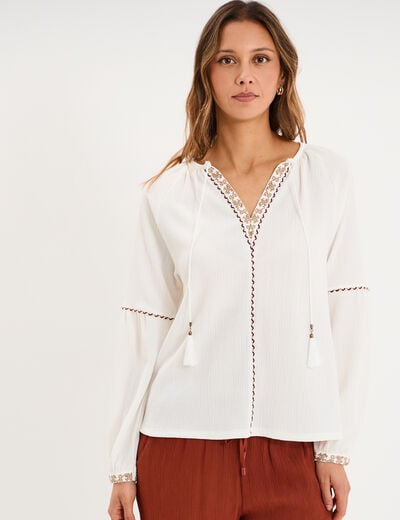 Blouse droite col tunisien avec pompons ecru femme