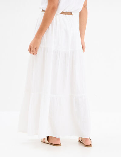 Jupe longue gaze de coton ceintur&eacute;e blanc femme