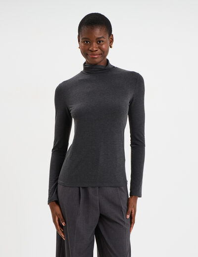 T-shirt manches longues col roul&eacute; gris fonc&eacute; femme