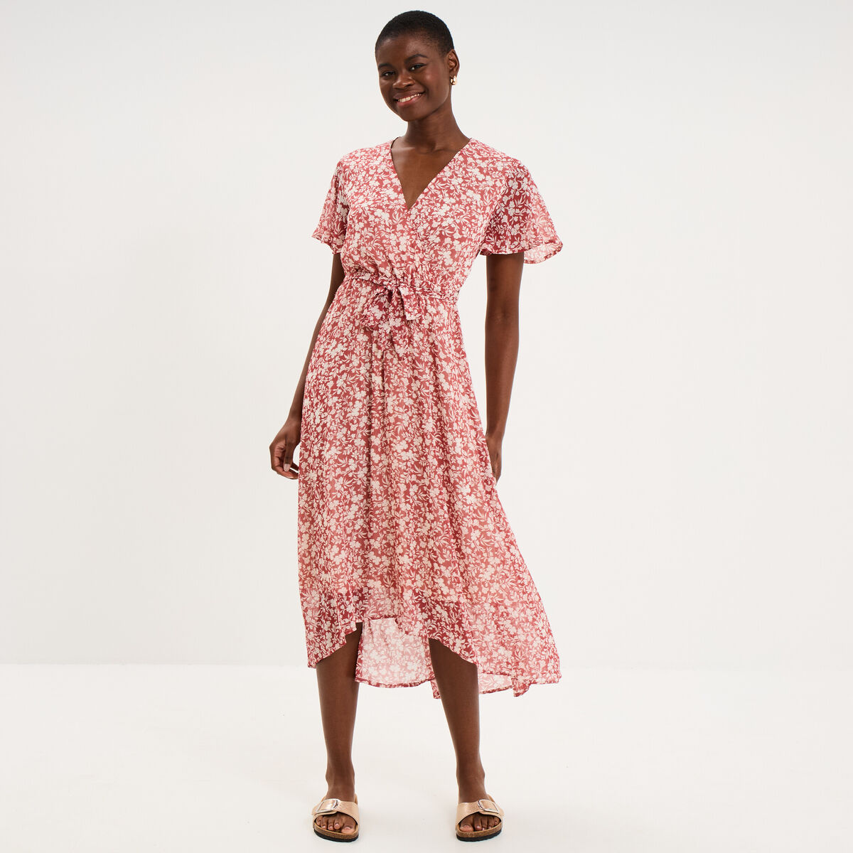 Robe longue &eacute;vas&eacute;e col cache-coeur rose femme
