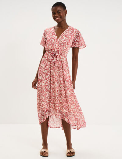 Robe longue &eacute;vas&eacute;e col cache-coeur rose femme
