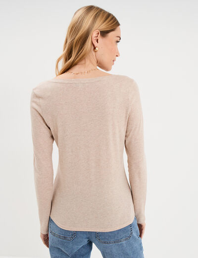 T-shirt col en V manches longues coton beige femme