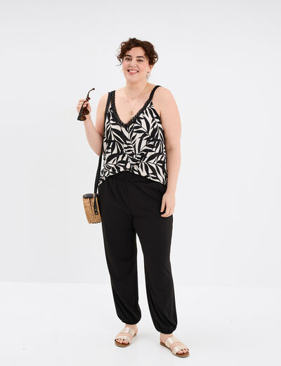 Pantalon sarouel cr&ecirc;pe &eacute;lastiqu&eacute; fluide noir femme grande taille