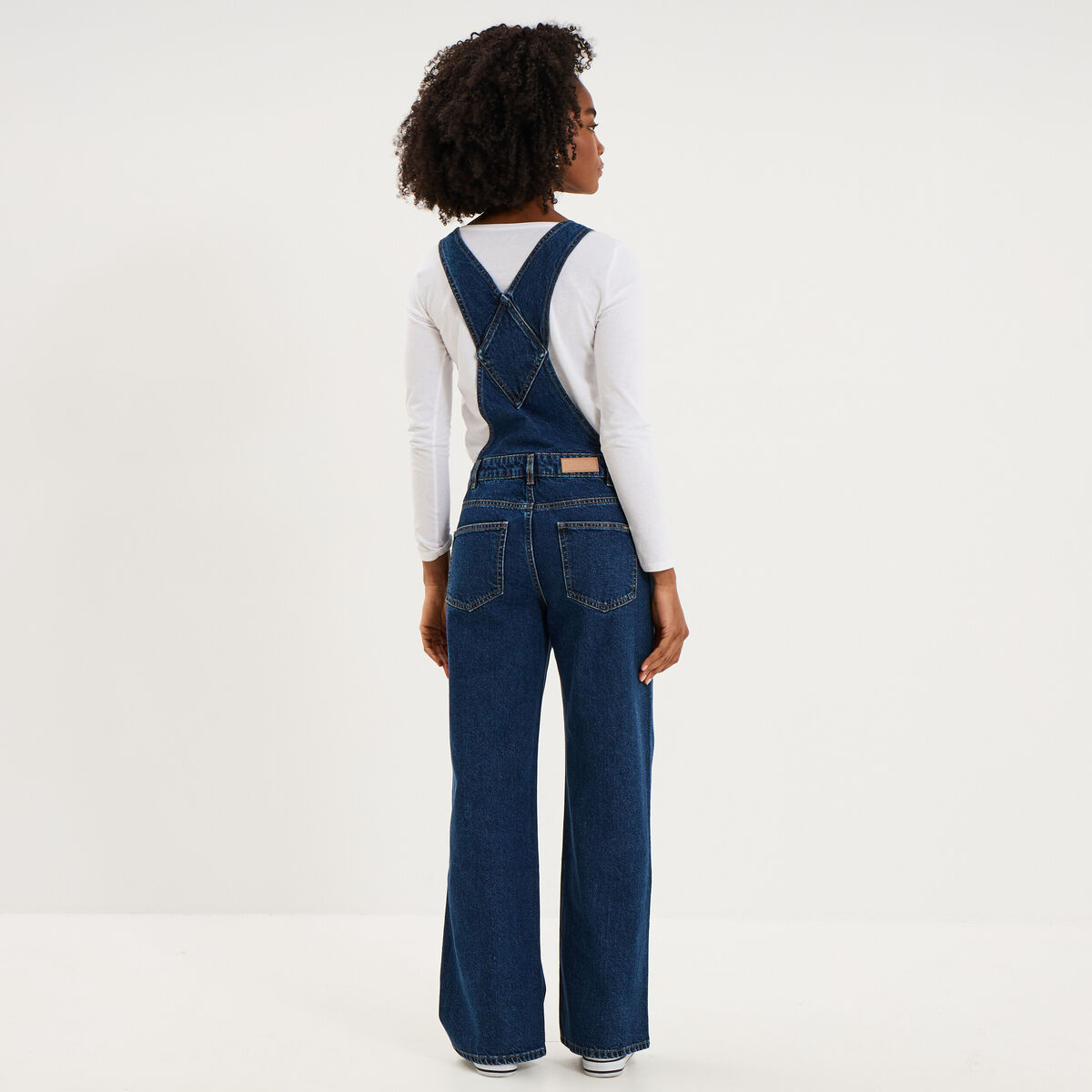 Salopette en jean jambe large coton bleu fonc&eacute; femme