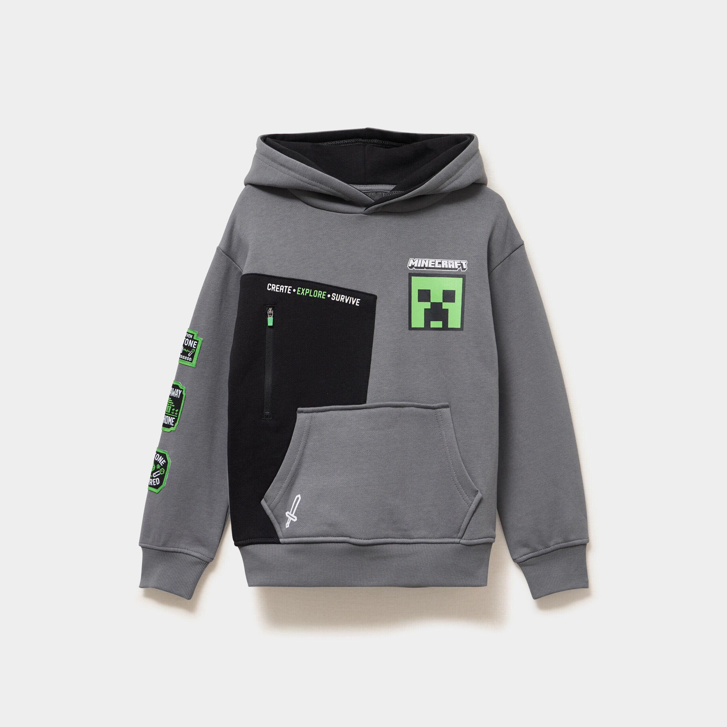 Sweat hoodie 1 poche à capuche Minecraft gris foncé garçon