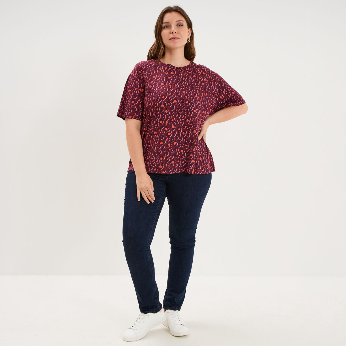 T-shirt col rond manches courtes coton bordeaux femme grande taille