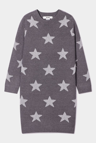 Robe pull tricot droite à col rond gris foncé fille