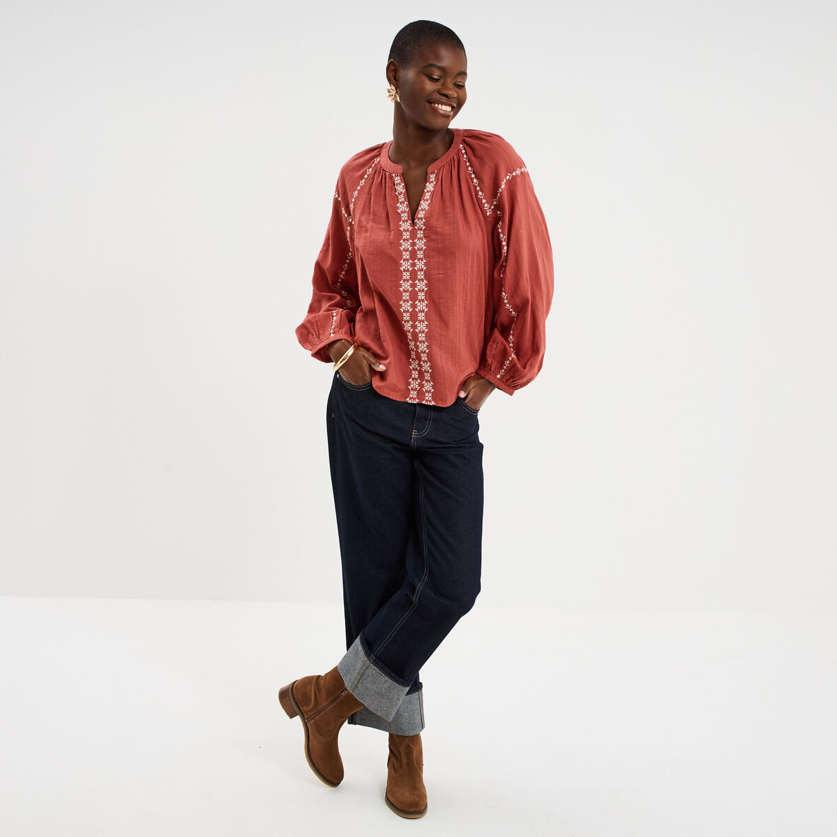 Blouse brod&eacute;e manches longues coton vieux rose femme