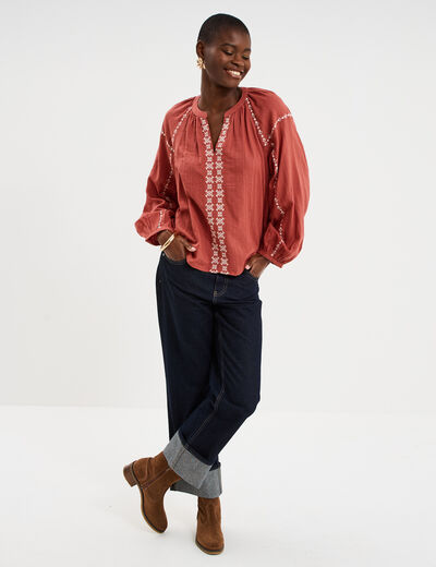 Blouse brod&eacute;e manches longues coton vieux rose femme