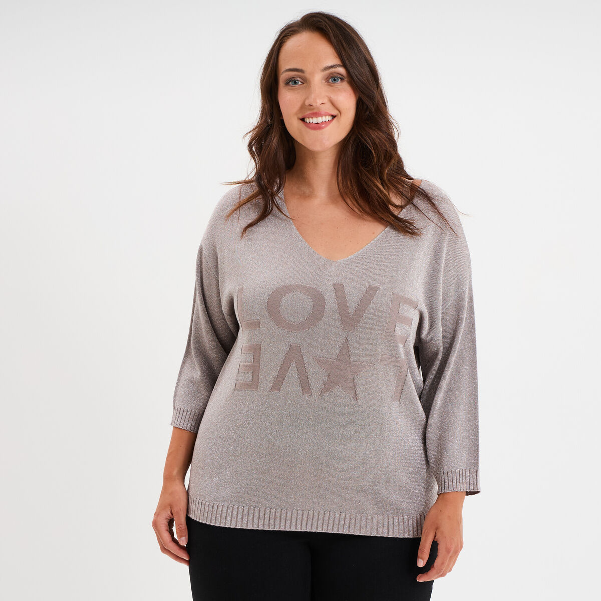 Pull manches 3/4 chauve-souris sable femme grande taille