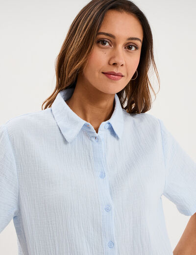 Ensemble pyjama chemise et short coton bleu ciel femme