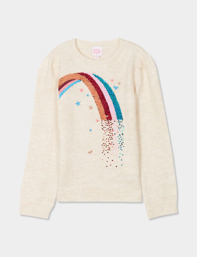 Pull col rond avec sequins beige fille