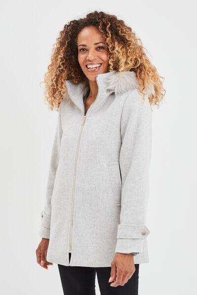 Manteau zippé à capuche fausse fourrure gris clair femme