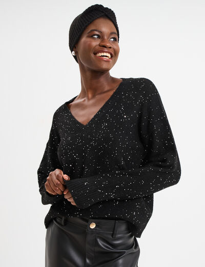 Pull col V &agrave; paillettes et sequins noir femme