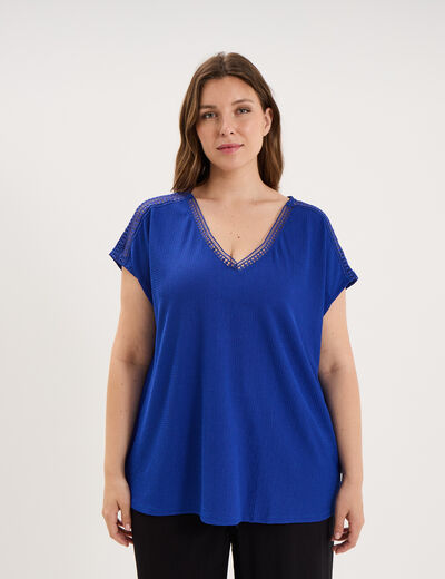 T-shirt bandes dentelle col en V bleu electrique femme grande taille