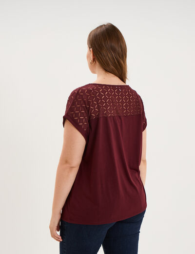 T-shirt droit avec dos dentelle oversize violet fonc&eacute; femme grande taille