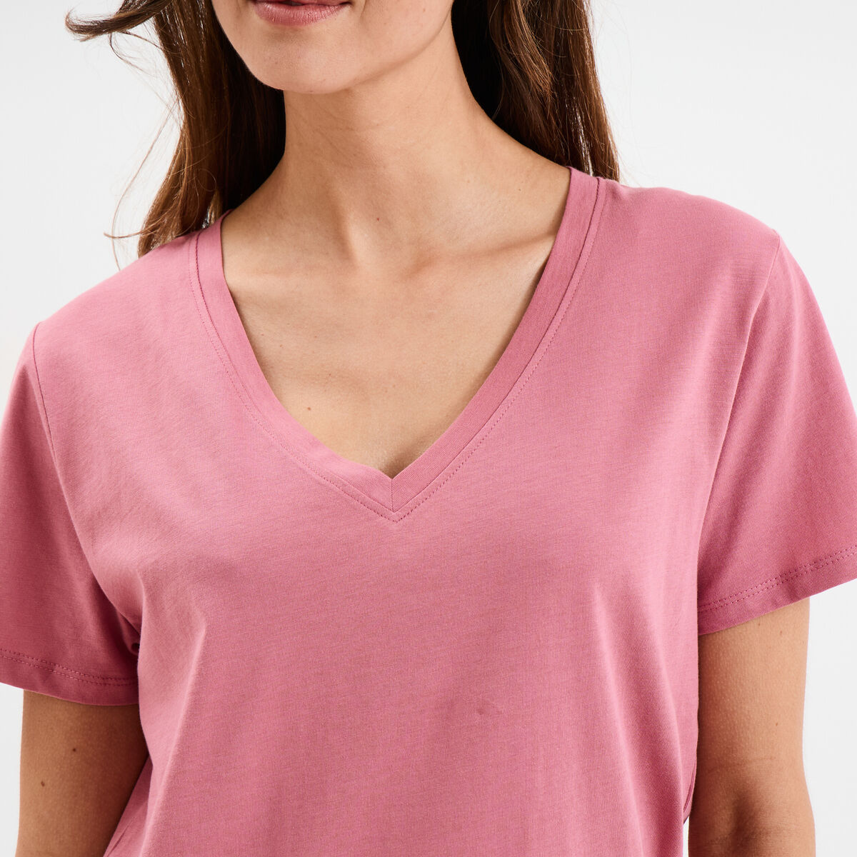 T-shirt manches courtes col en V coton vieux rose femme