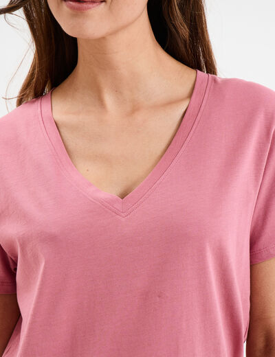 T-shirt manches courtes col en V coton vieux rose femme