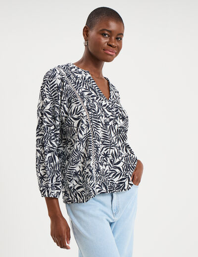 Blouse ajour&eacute;e manches 3/4 col en V ecru femme