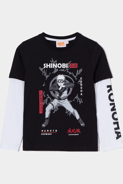 T-shirt manches effet 2-en-1 Naruto noir garçon