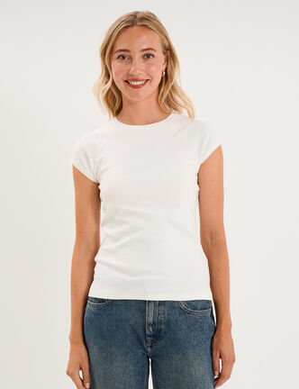T-shirt ajust&eacute; col rond manches courtes blanc femme