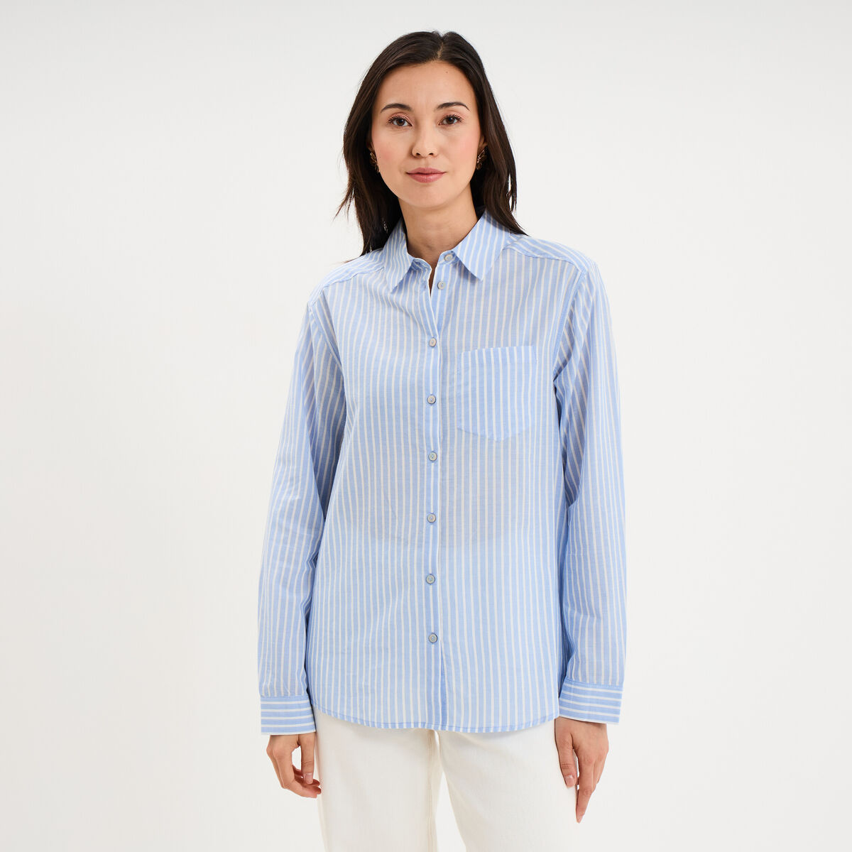 Chemise manches ajustables 1 poche coton bleu ciel femme