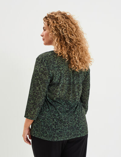 T-shirt col tunisien manches 3/4 vert kaki femme grande taille