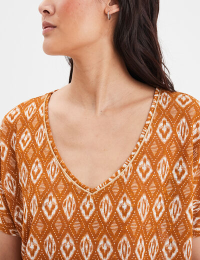 T-shirt col en V manches courtes jaune moutarde femme