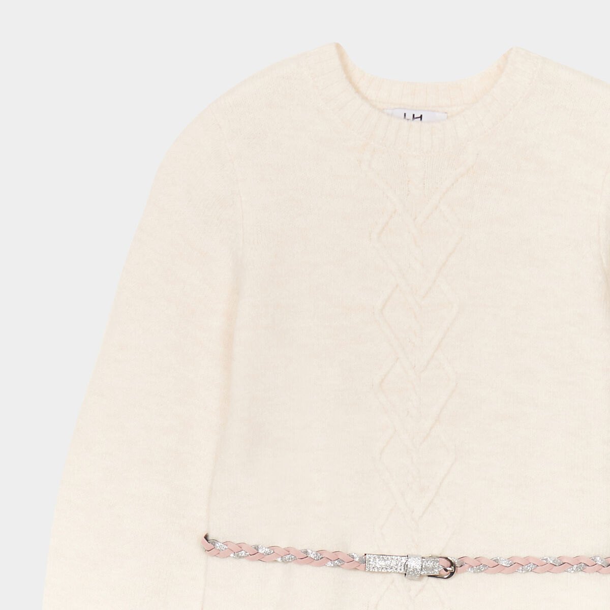 Robe pull courte avec ceinture tress&eacute;e ivoire fille