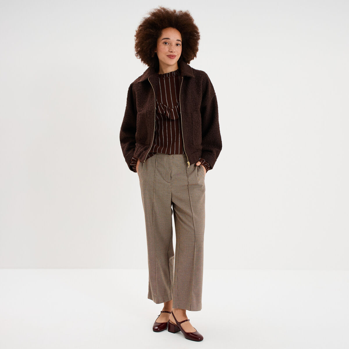 Veste bouclette oversize col tailleur marron fonc&eacute; femme