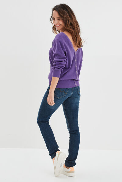 Pull gilet recto-verso col en V violet femme