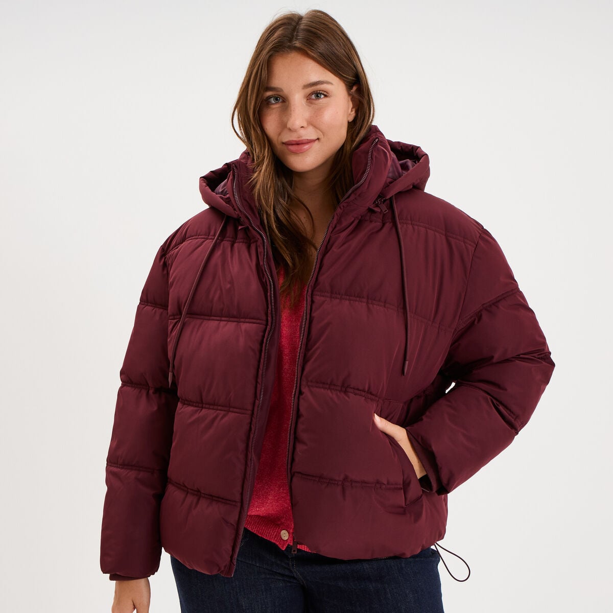 Doudoune &agrave; capuche oversize zipp&eacute;e violet fonc&eacute; femme grande taille