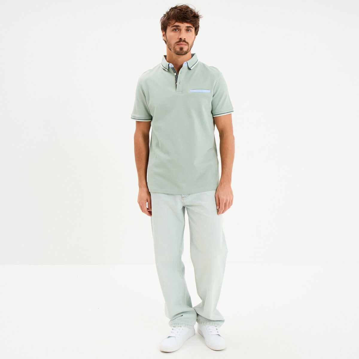 Polo piqu&eacute; manches courtes coton vert pastel homme