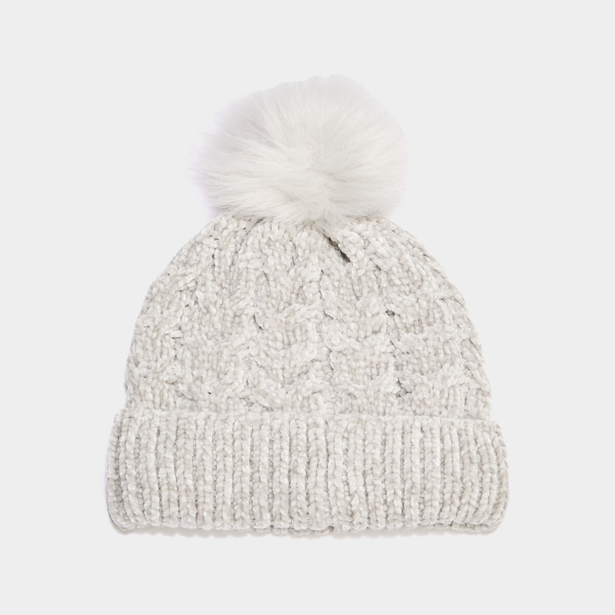 Bonnet &agrave; pompon fausse fourrure gris femme