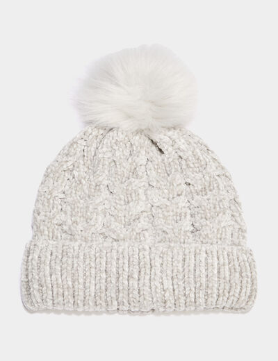 Bonnet &agrave; pompon fausse fourrure gris femme