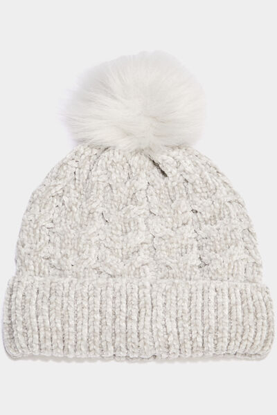 Bonnet &agrave; pompon fausse fourrure gris femme