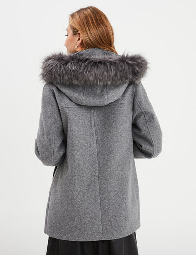 Manteau zipp&eacute; capuche fausse fourrure gris femme
