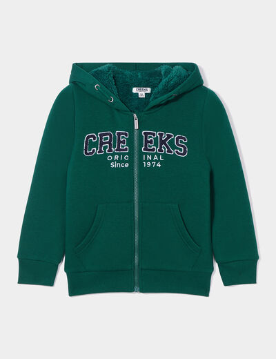 Sweat zippé à capuche fourré vert foncé garçon
