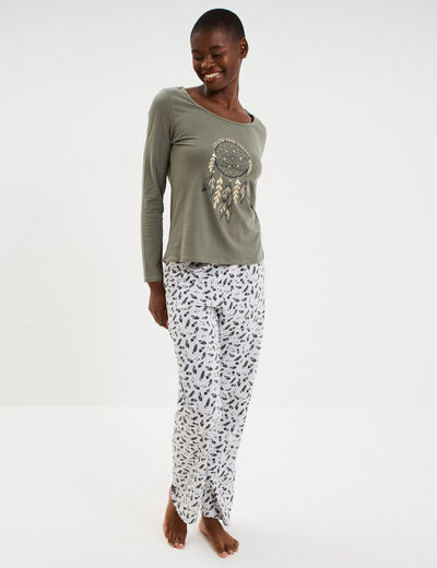 Ensemble pyjama t-shirt pantalon coton vert kaki femme