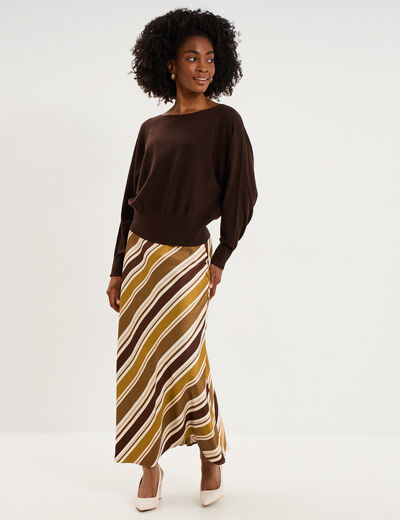 Pull encolure bateau manches longues marron fonc&eacute; femme