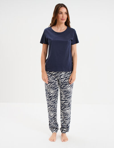 Ensemble pyjama pantalon t-shirt coton bleu marine femme