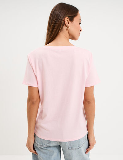 T-shirt manches courtes col en V coton rose clair femme