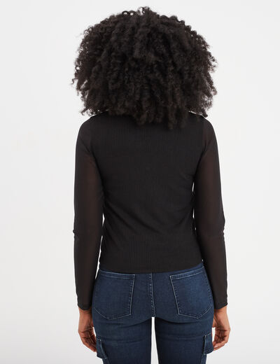 T-shirt côtelé manches longues noir femme