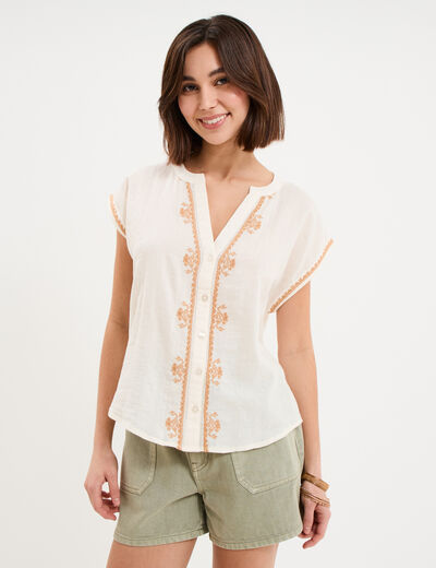 Blouse brod&eacute;e manches courtes ecru femme