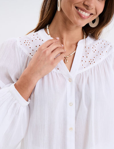 Blouse col tunisien broderie anglaise blanc femme