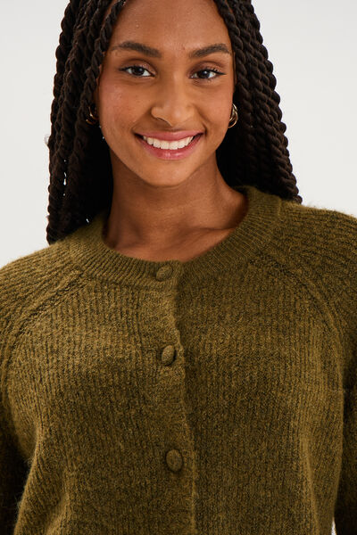Gilet cardigan col rond boutonn&eacute; vert olive femme