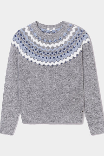 Pull jacquard col rond Creeks gris clair femme