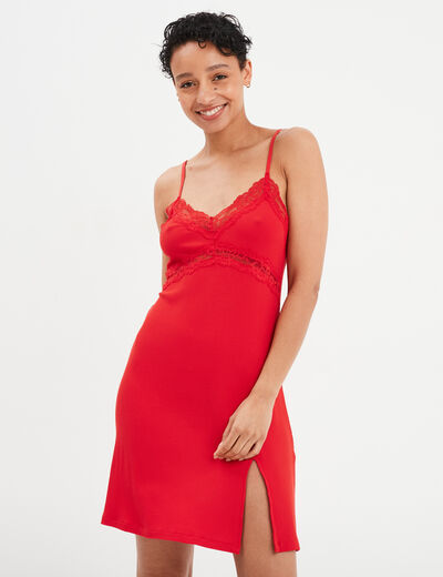 Nuisette côtelée fendue à dentelle rouge femme