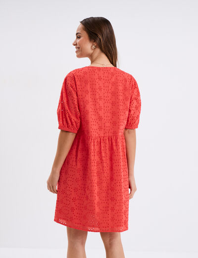 Robe broderie anglaise manches 3/4 rouge femme